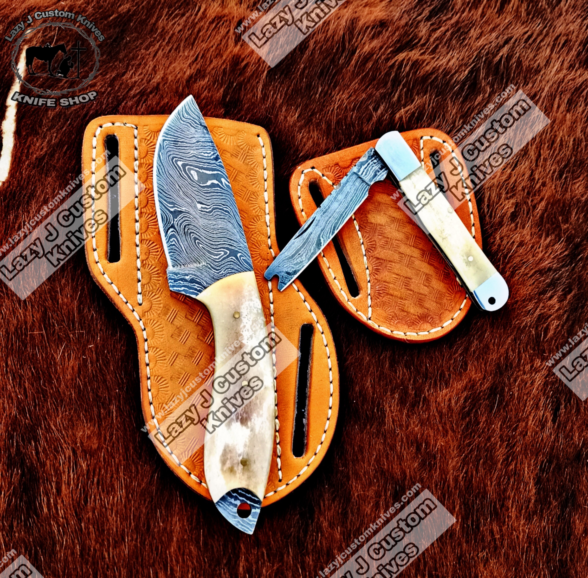 Custom handmade Damascus steel cowboy and folding knife – Lazy J