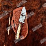 Custom Made Damascus Steel Fixed Blades Cowboy knife with Handmade Right  Hand Leather Sheath - WKN Hunting Gears