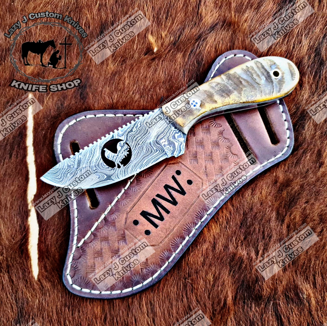 Custom handmade Damascus steel cowboy and folding knife – Lazy J