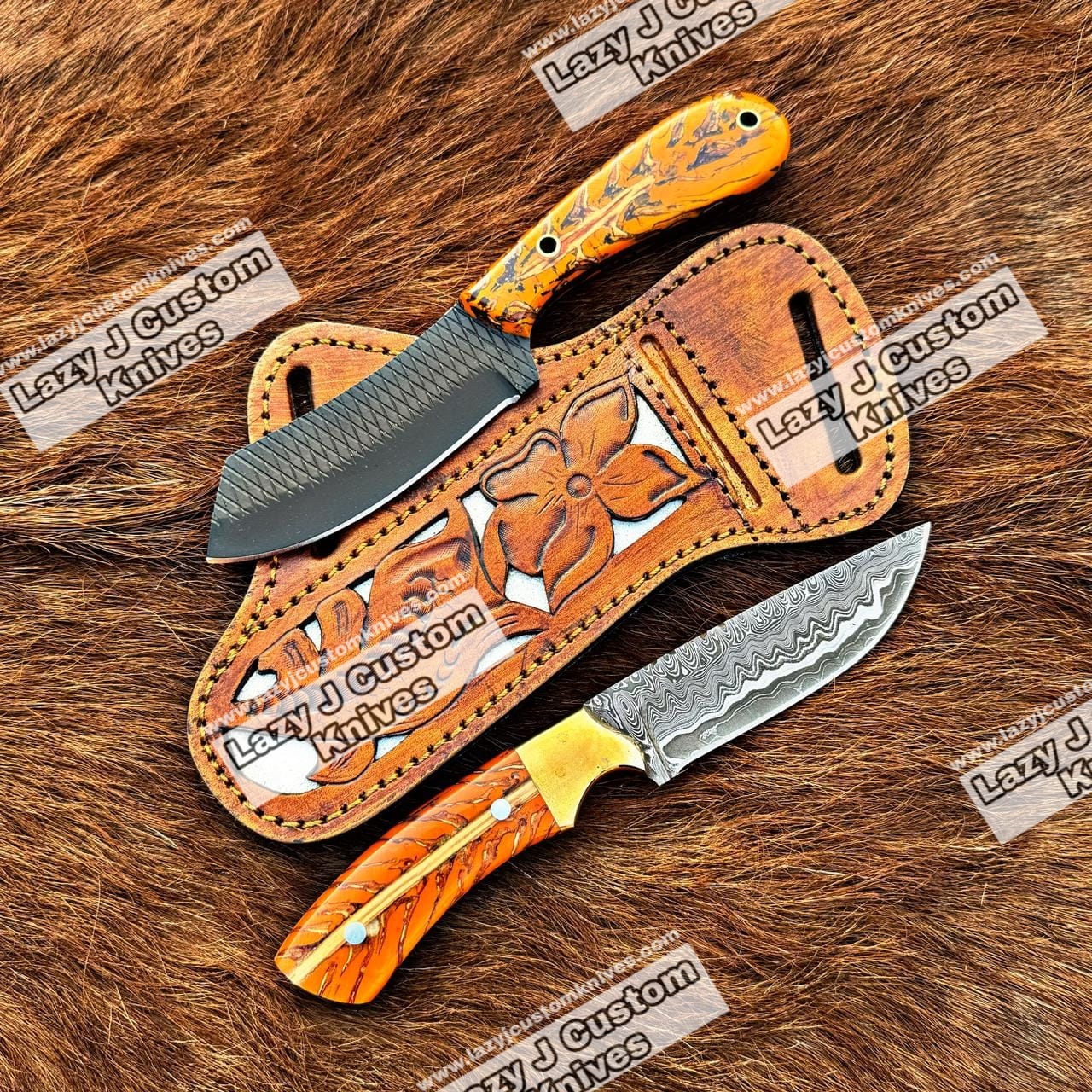 Custom handmade Damascus steel cowboy and folding knife – Lazy J